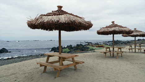 overcast beach: grass umbrellas over empty picnic tables, no people