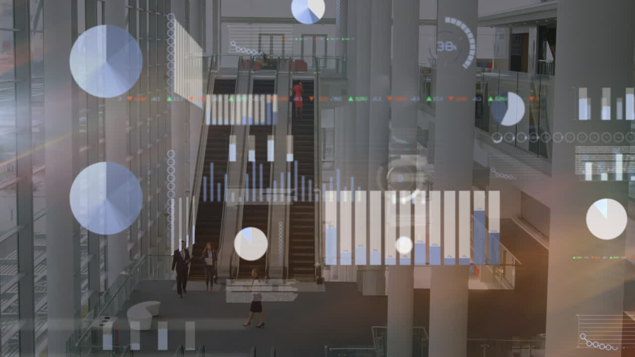 Animation of financial data processing over diverse business people in office