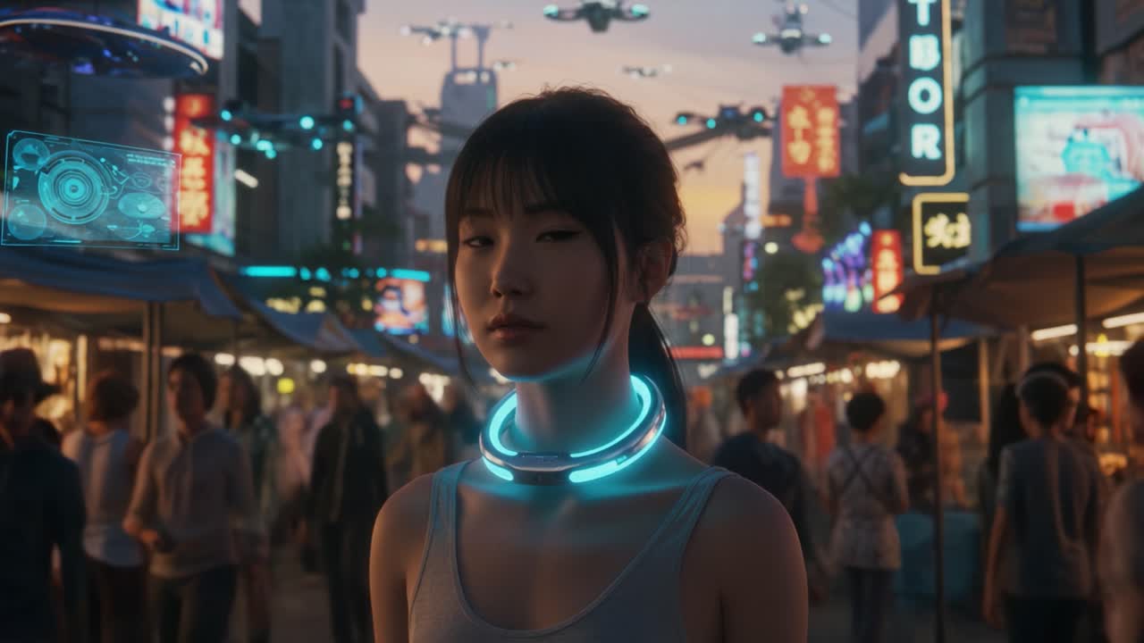 A futuristic urban street scene featuring a young woman wearing a glowing necklace, surrounded by bustling crowds and neon signs in a vibrant market atmosphere