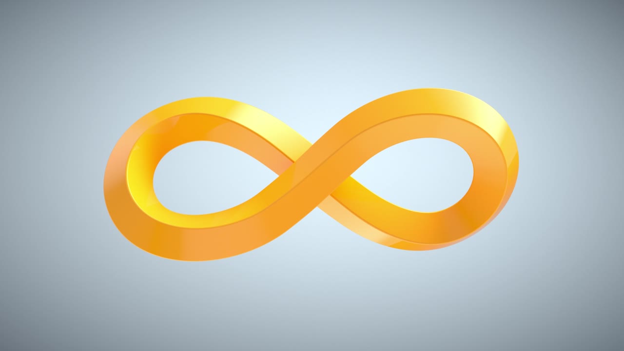 signo naranja infinito en fondo gris. forma abstracta geométrica. sitio web financiero, aplicaciones, redes sociales, presentación, elemento de plantilla de diseño y otro comercio electrónico. bucle sin costuras, animación 3d en 4k