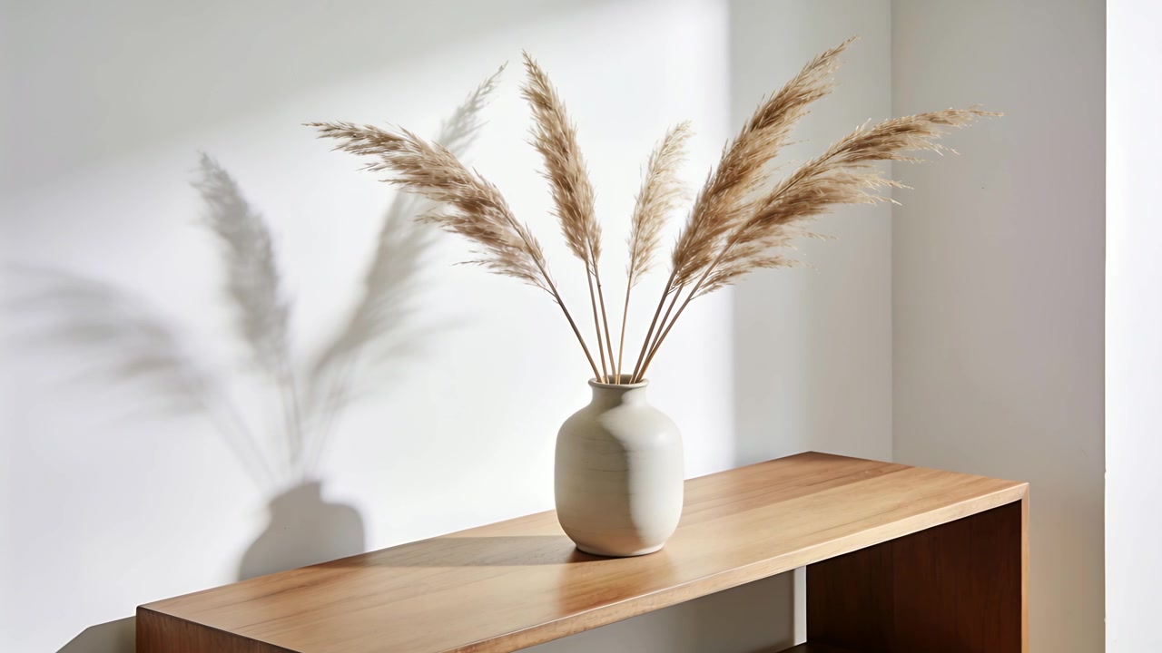 Swaying beige ceramic vase holding pampas stems in home corner, with sunlight shifting shadow