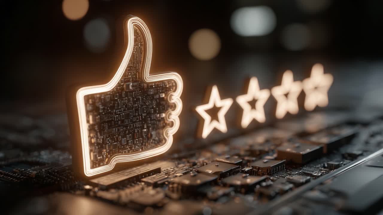 An Engaging Look at a Digital Thumbs Up Icon with Glowing LED Effect and Four Stars, Representing Positive Feedback and High Ratings in a Modern Technology Context