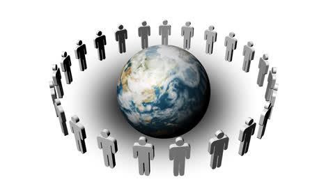 people in a circle turning around the planet in the center. concept of teamwork