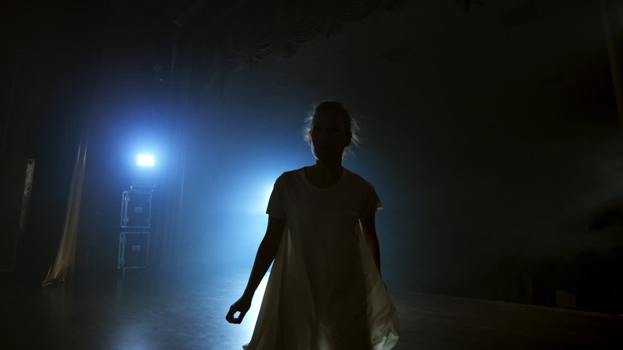 escenas dinámicas de la actuación musical en solitario de una bailarina moderna. bailando en el escenario en el centro de atención en cámara lenta. espectáculo musical de danza. escena dramática a la luz de la luna.