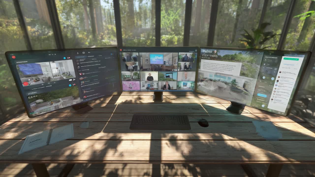 A Modern Home Office Setup Featuring Three High-Resolution Monitors on a Wooden Desk Surrounded by Nature, Ideal for Remote Work and Virtual Meetings in a Bright, Inviting Environment
