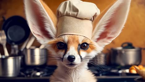 a fox wearing a chef's hat sitting on top of a table