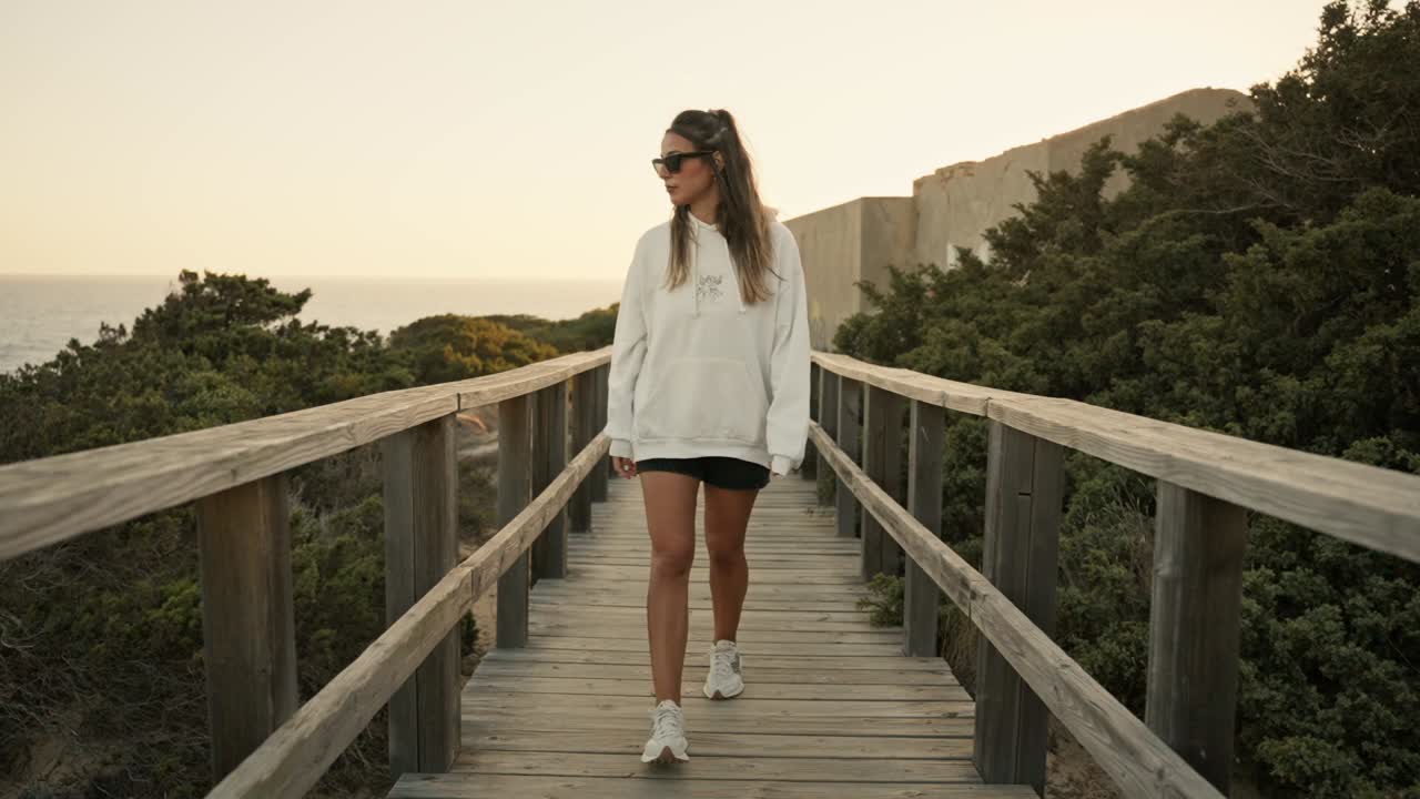 Slow motion shot of an attractive girl walking across a wooden bridge during sunset