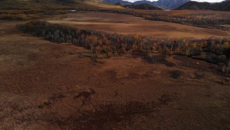 slow aerial tilt up over wide prairie landscape on beautiful day with blue sky