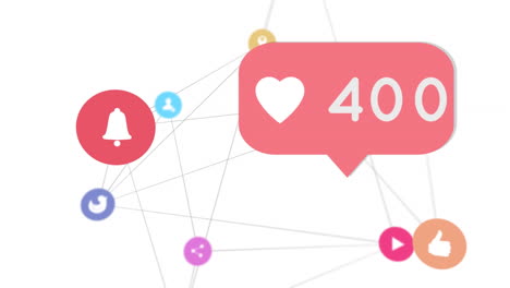 números que aumentan con el icono del corazón contra la red de iconos de conexiones