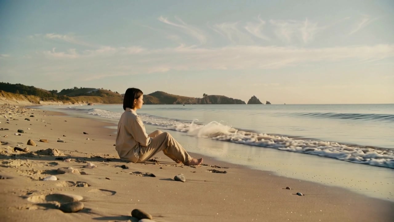 Donna asiatica seduta, che indossa un abito color sabbia, di fronte al mare sulla sabbia, mentre le onde in arrivo lambiscono e lei pensa.