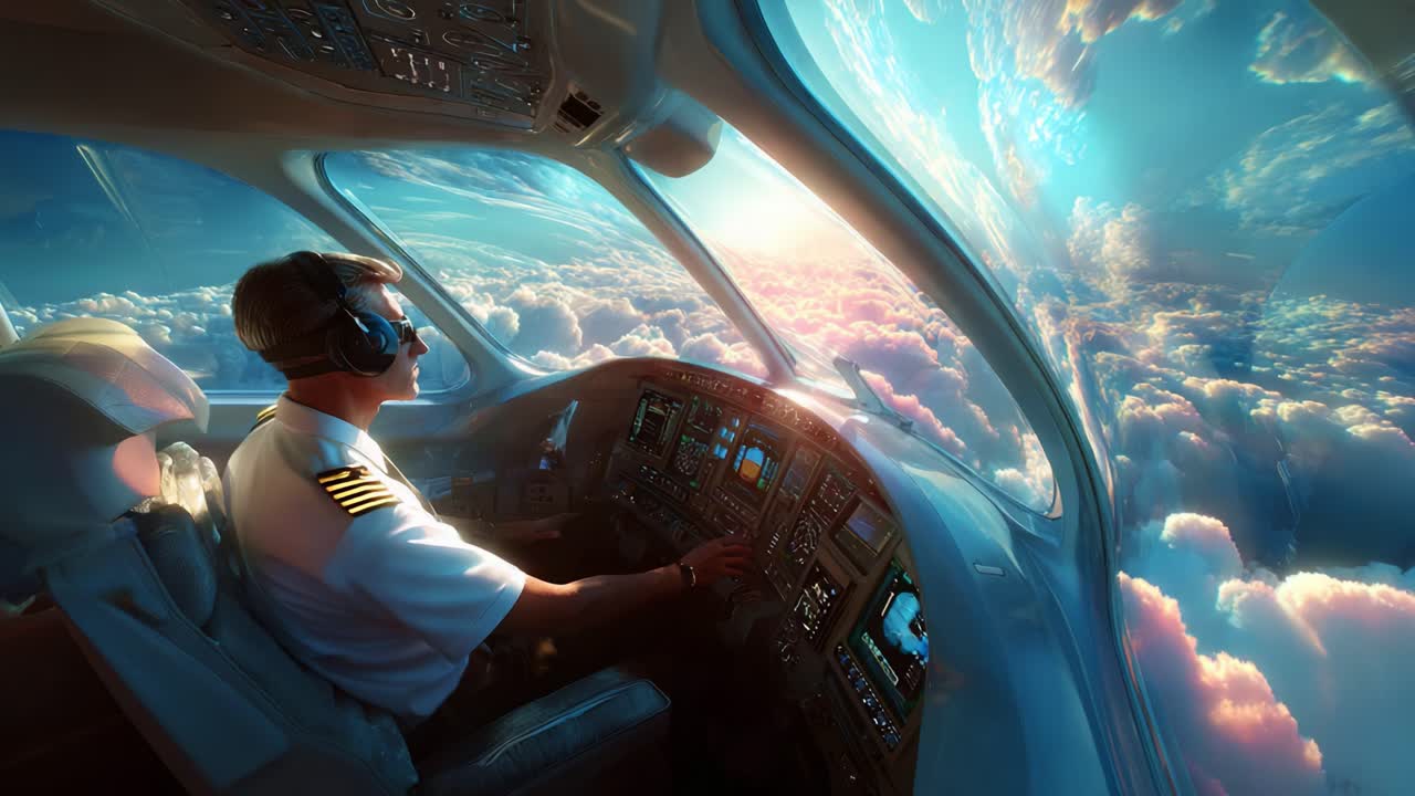 Aviation Splendor: Captivating Views from the Cockpit as a Skilled Pilot Navigates Through Vibrant Clouds at Dusk, Surrounded by Advanced Instrumentation and Controls