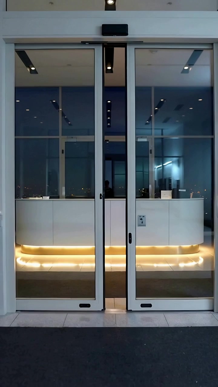 Vídeo vertical: Detectando movimento, portas de vidro deslizantes fechando no lobby, mostrando balcão iluminado por LED.