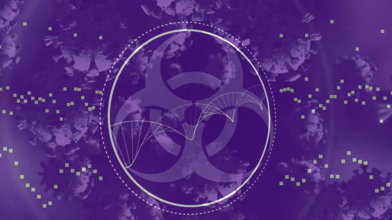 animación de peligro biológico en círculo y células de virus en fondo violeta
