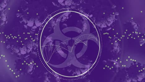 Animation-of-biohazard-in-circle-and-virus-cells-on-violet-background
