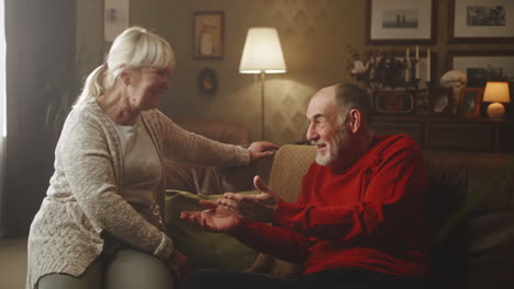 una pareja de ancianos disfrutando de una conversación en casa
