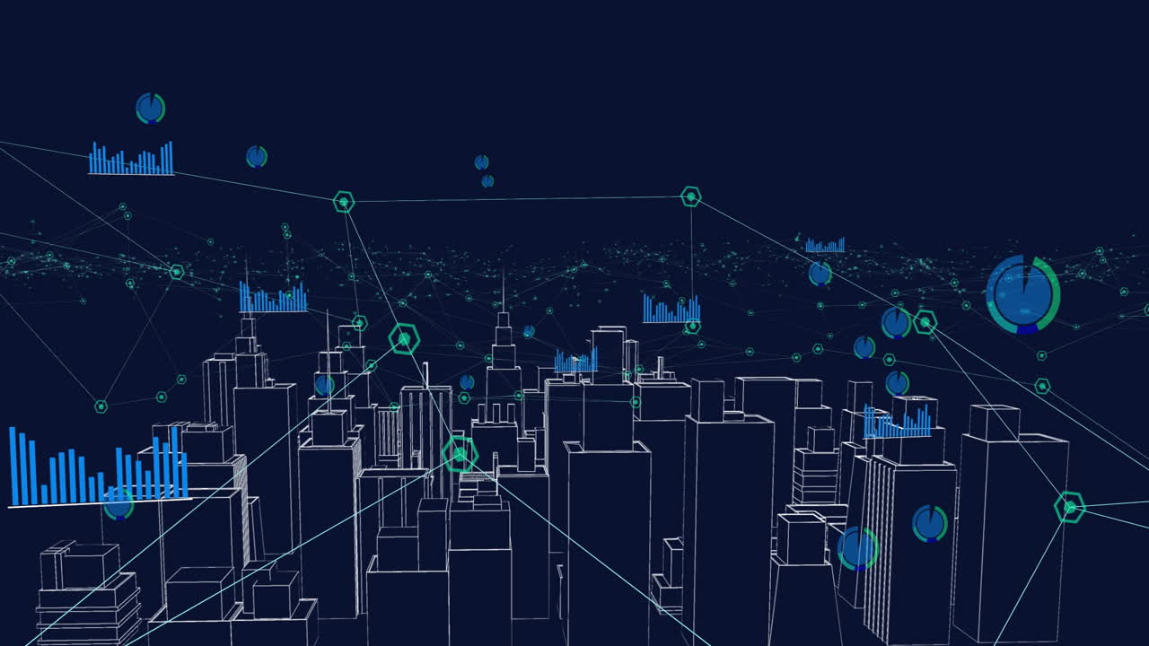 Cityscape with data processing and network connections animation over buildings