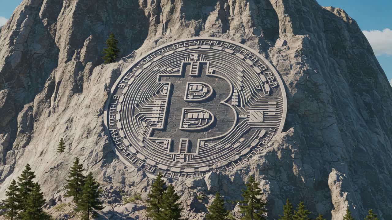 Una Maestosa Formazione Rocciosa Mostra un Gigante Emblema Bitcoin, Simboleggiando l'Ascesa della Cultura delle Criptovalute e il Suo Legame con la Grandezza della Natura
