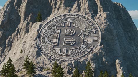 a majestic rock formation displays a giant bitcoin emblem, symbolizing the rise of cryptocurrency culture and its connection to nature's grandeur