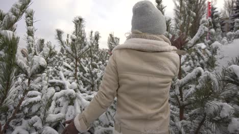 Beautiful-woman-standing-among-snowy-trees-in-winter-forest-and-enjoying-first-snow.-Woman-in-winter-woods.