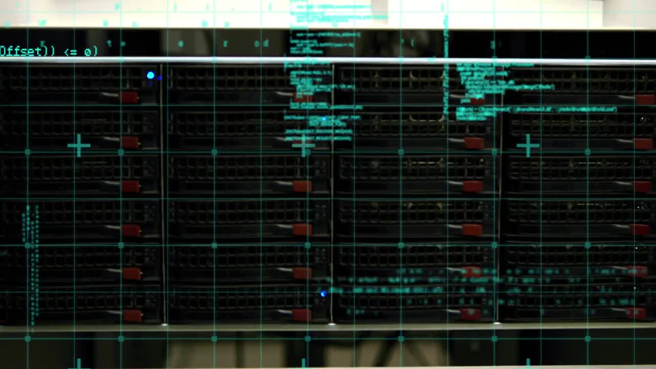 Animation of data processing over close up of computer server