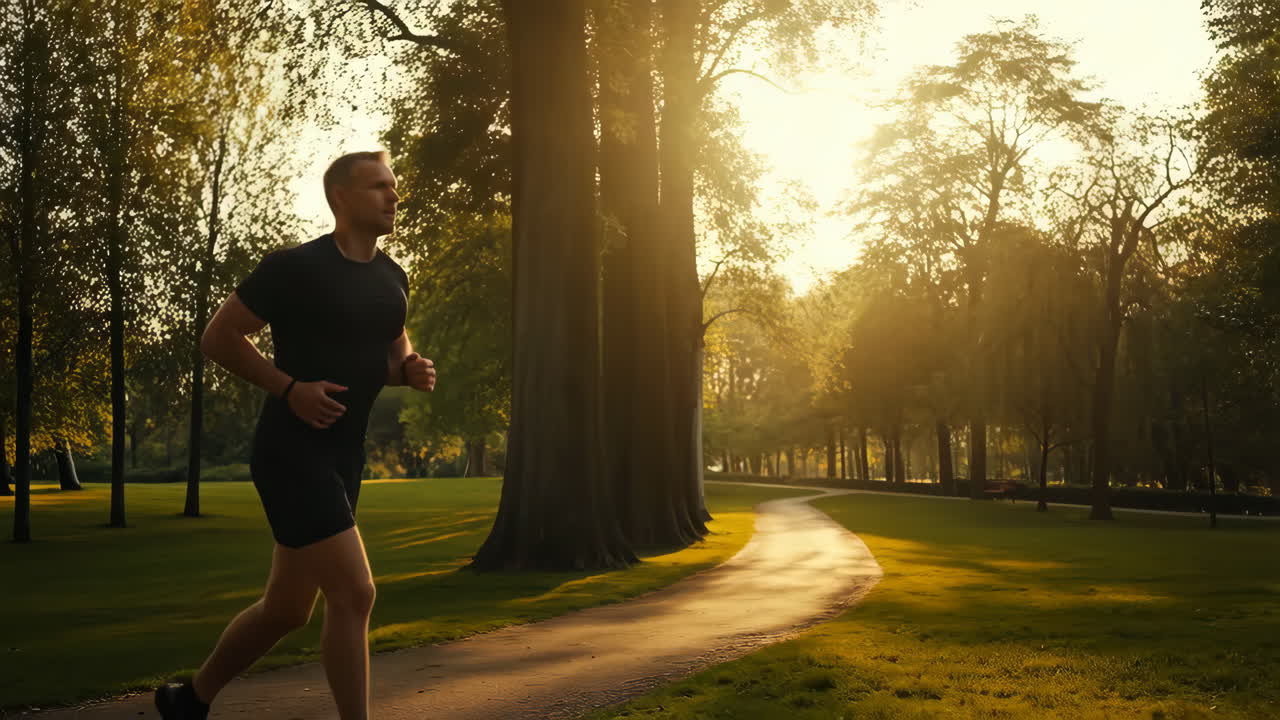 Man Jogging in a Park at Sunset