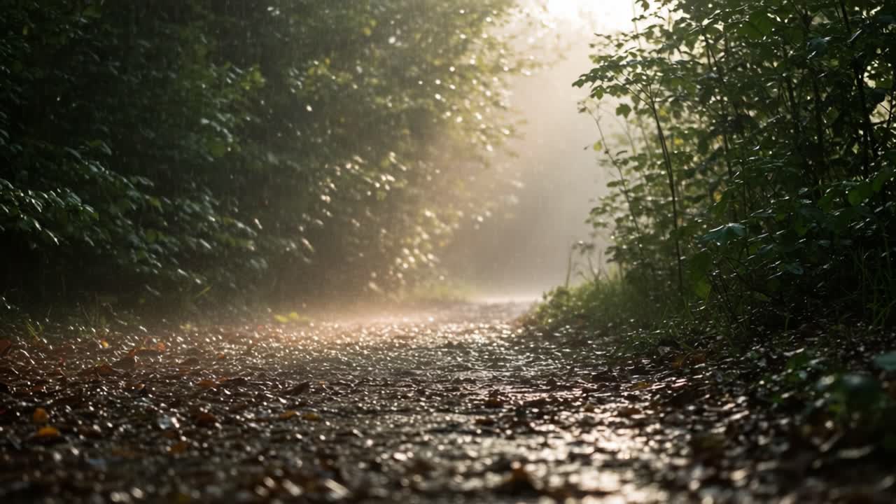 Misty Forest Path with Sunlight Through Rain