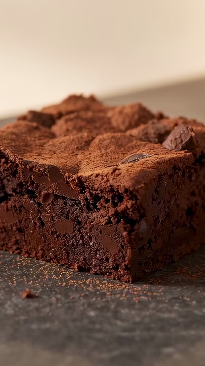 Vertikal video: Skyver kamerafokusering på firkantet brownie på mørk skifer, og avslører sjokoladebiter