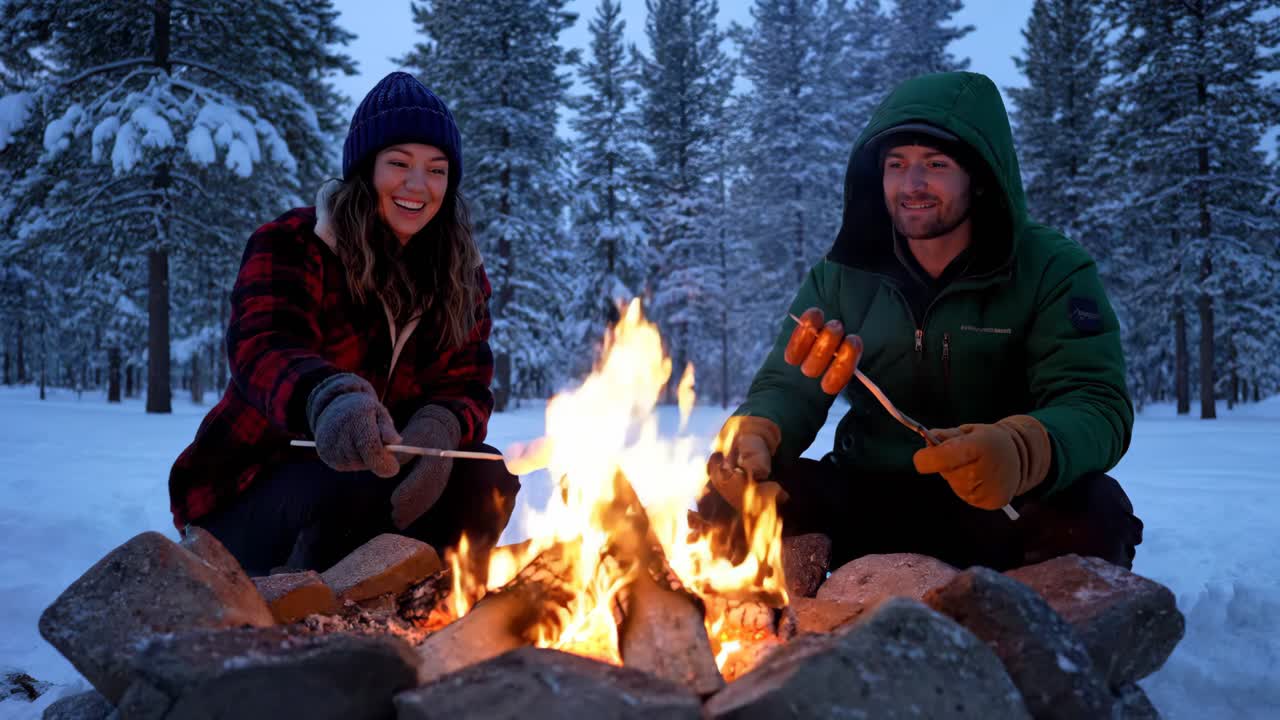 Couple Roasting Marshmallows by Campfire in Winter