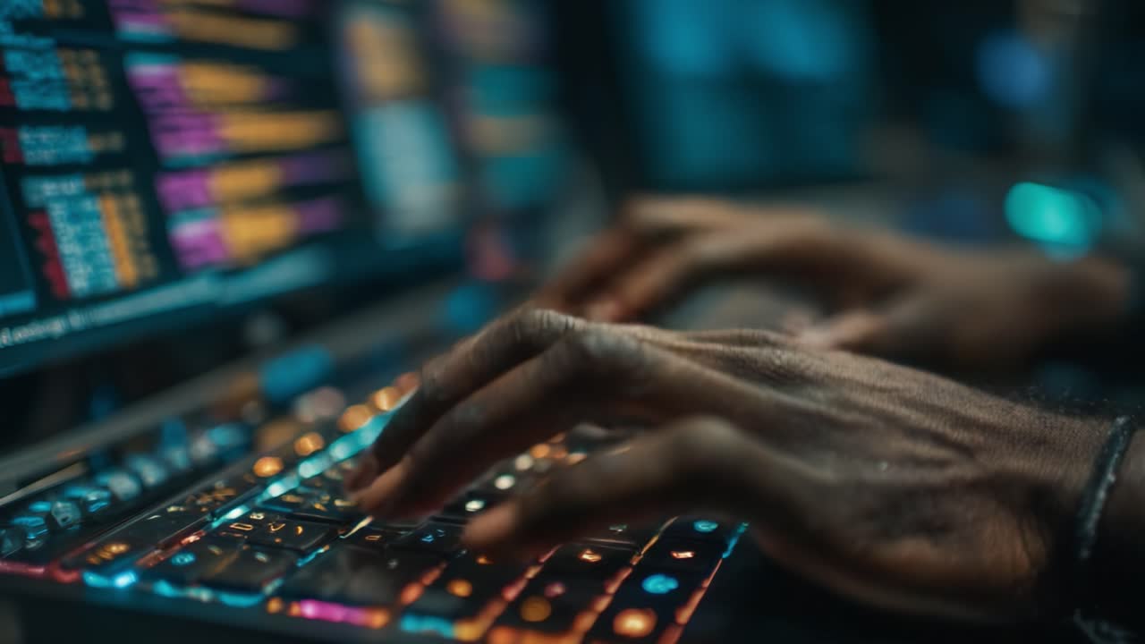 Primo piano di mani impegnate in un complesso compito di codifica, tastiera illuminata con retroilluminazione colorata che mostra un'intensa concentrazione sulle attività di programmazione