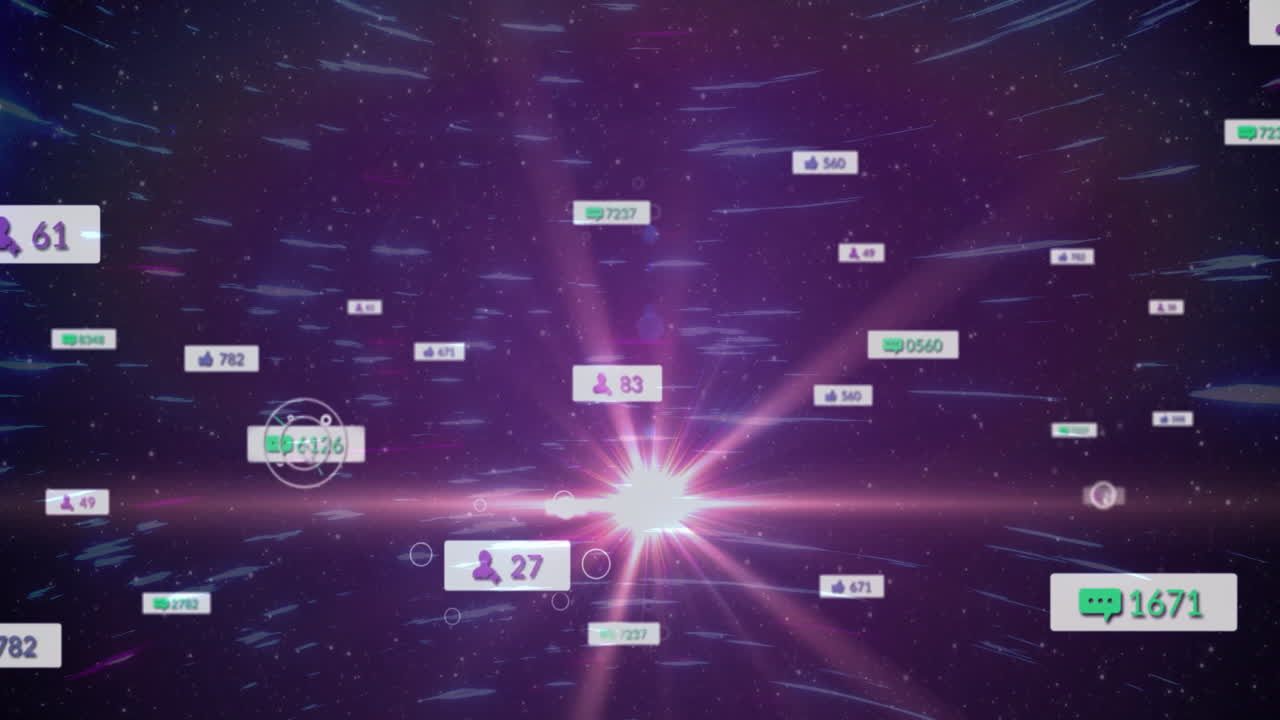 Digital animation with cosmic theme displaying floating social media notifications