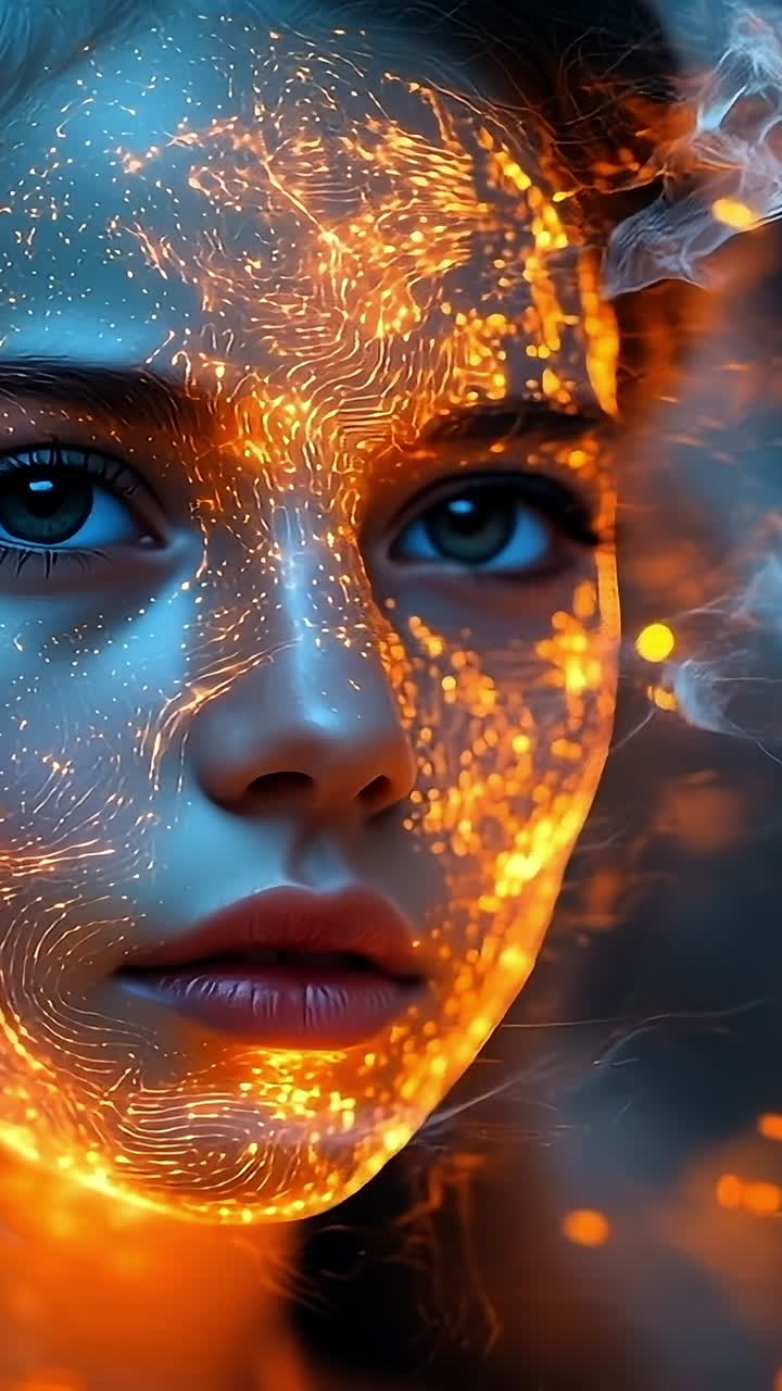 Glowing artistic portrait. A female figure with a luminous design on her face showcases vibrant colors against a dark backdrop.
