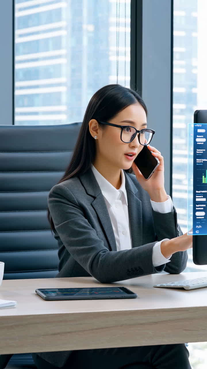 Businesswoman talking on phone at office desk