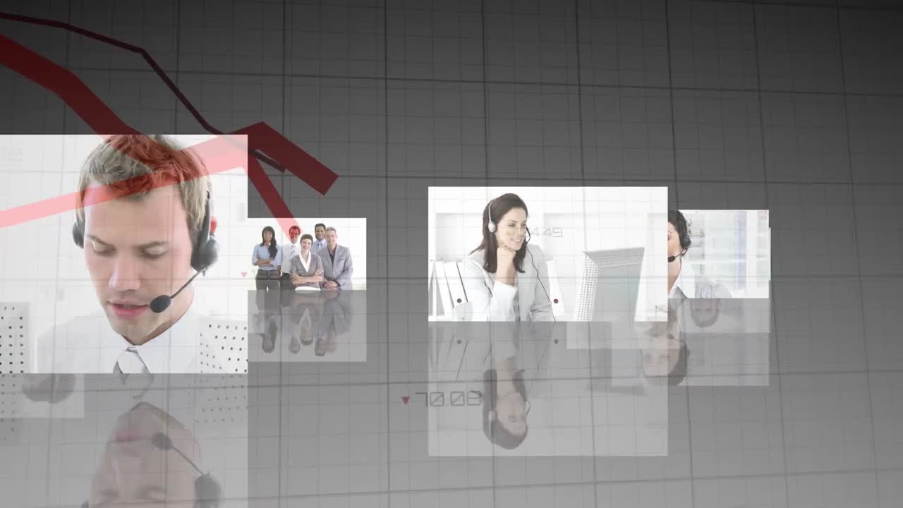 animación del procesamiento de datos financieros sobre diversas personas de negocios que usan auriculares telefónicos