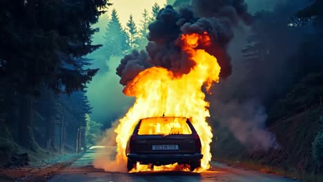 a car on fire on the side of a road in the woods