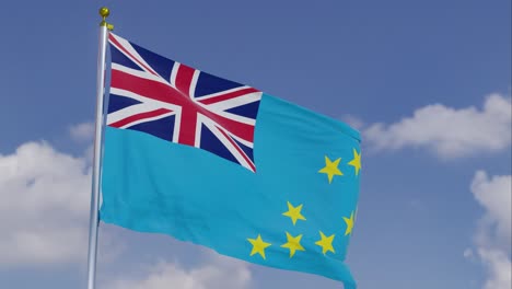 bandera de tuvalu moviéndose en el viento con un cielo azul claro en el fondo, nubes moviéndose lentamente, asta de la bandera, cámara lenta