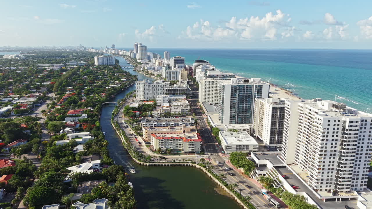 Miami Beach, Florida USA, Drone Shot of Beachfront Buildings and Bayshore Neighborhood