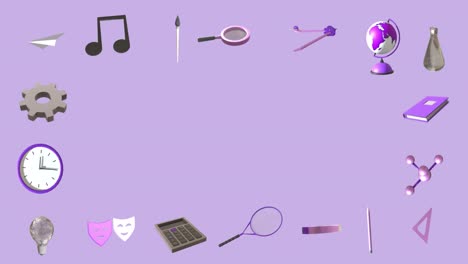 animación de iconos educativos con espacio de copia sobre fondo púrpura