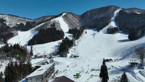 pull away shot of bottom of ski run, skiers arriving at base of mountain lining up for the chairlifts