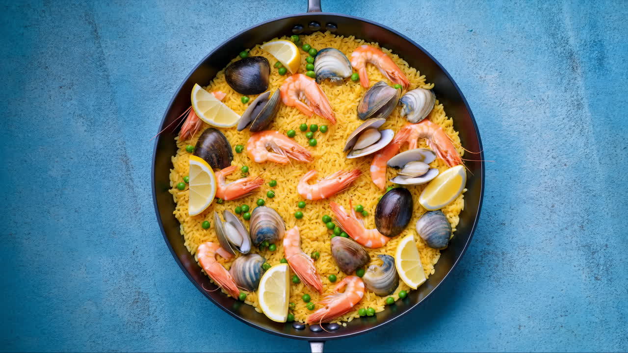 Top View of Vibrant Seafood Paella with Shrimp and Shellfish