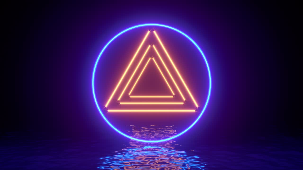 línea de anillo de círculo púrpura de neón brillante con reflejos en el agua, ondas de fondo vintage abstracto, ultravioleta, espectro de colores vibrantes, espectáculo de láser. ilustración de renderizado 3d. video 4k.