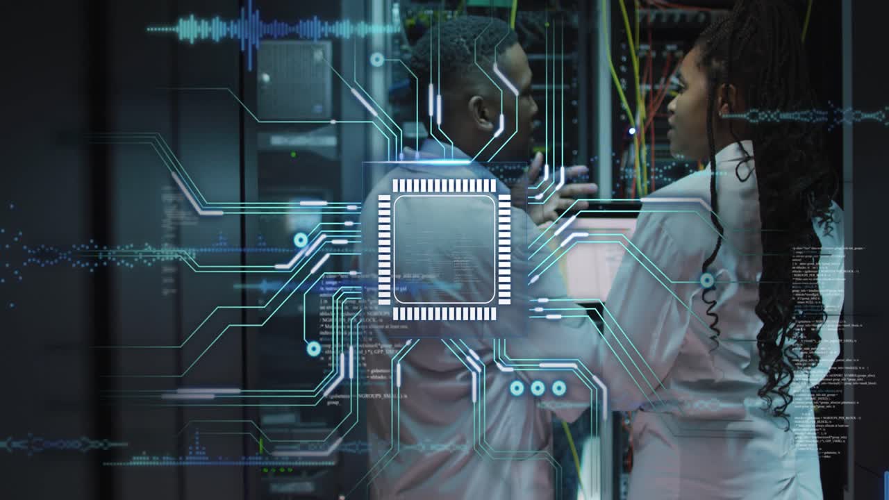 Responding to chip graphic appearing, IT techs diagnosing server cables in data center, lab coats