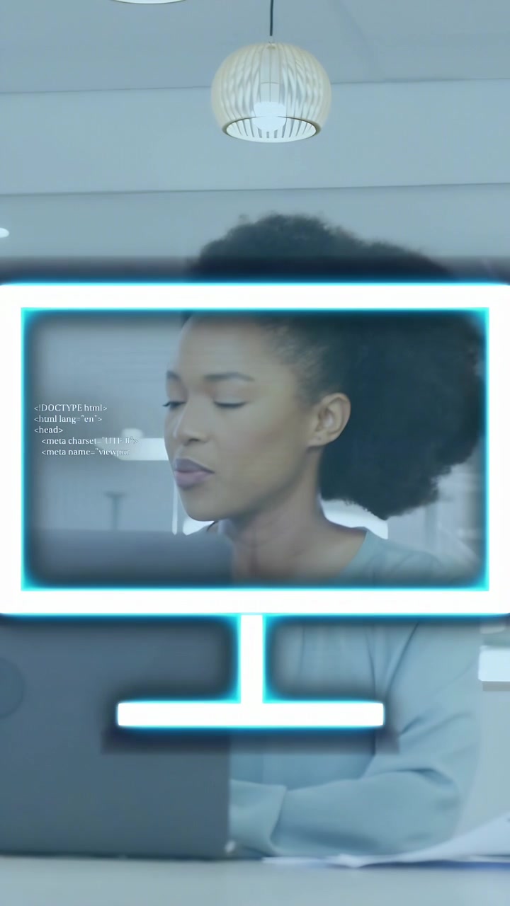 Vertikal video: Kvindeudvikler gennemgår kode på bærbar computer, mens en neonmonitor dukker op, og kode fylder skærmen.