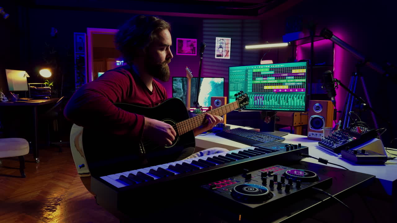 ingeniero de música practica la guitarra acústica y escribe canciones