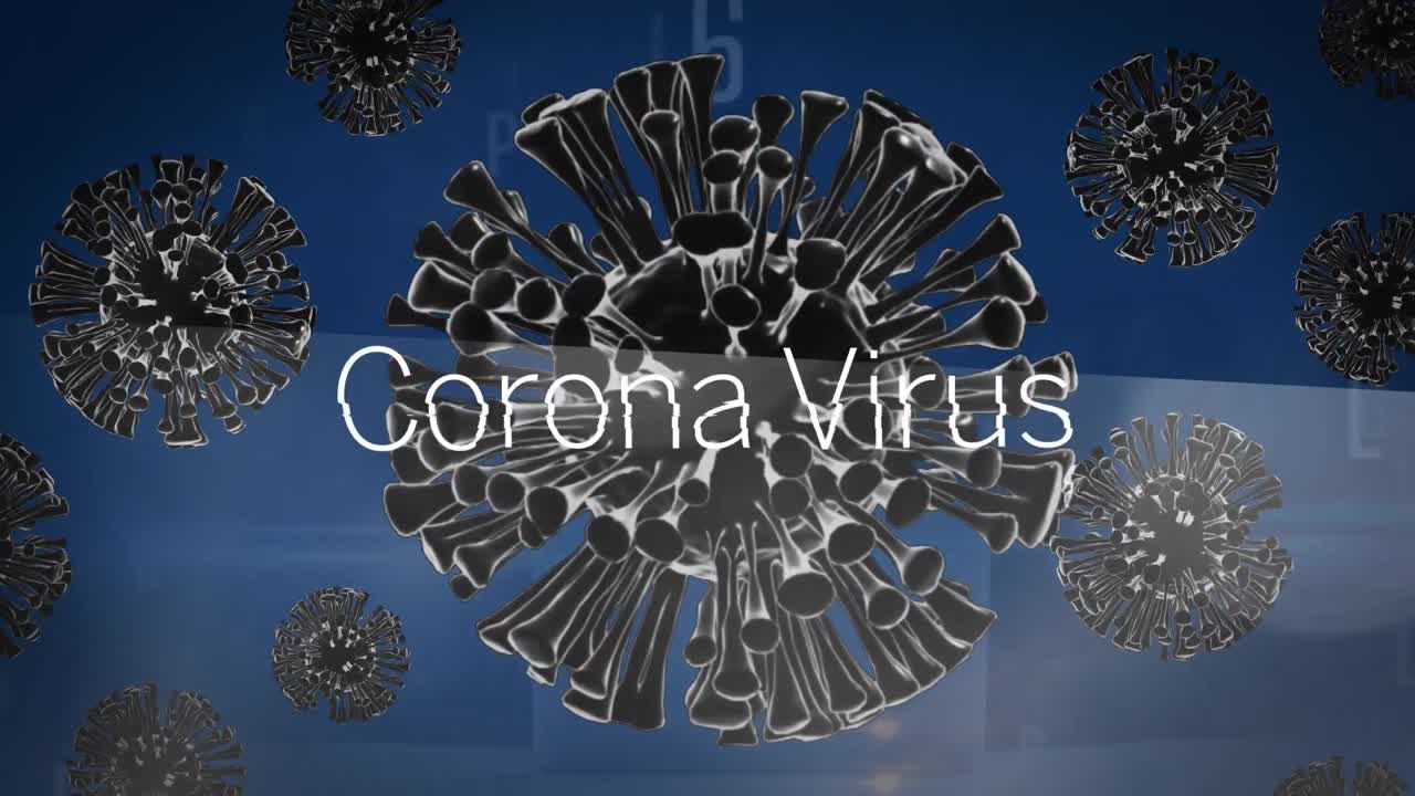animación del texto del virus de la corona sobre las células de la covid 19 flotando sobre un fondo azul