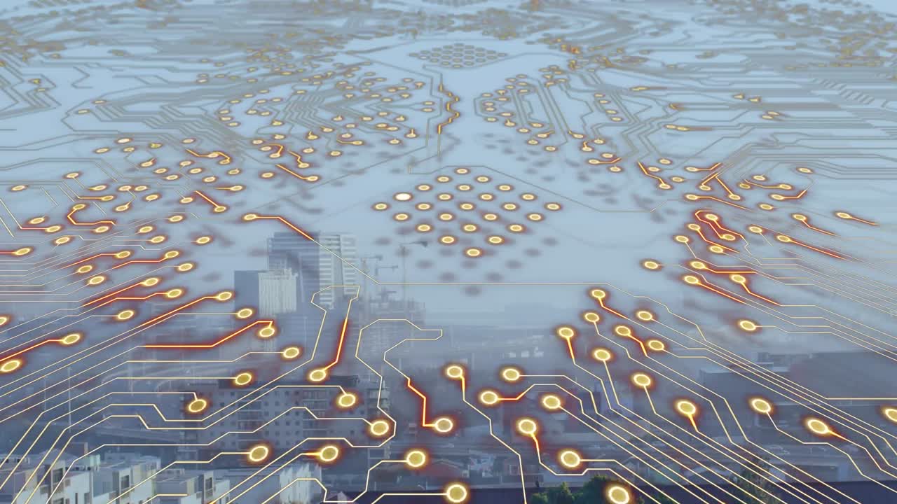 도시 풍경 위에 있는 컴퓨터 회로판의 애니메이션