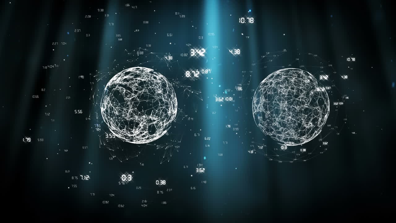 두 개의 디지털 지구가 어두운 배경에서 회전하는 데이터와 함께