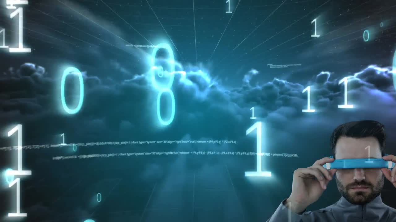 codificación binaria y procesamiento de datos sobre hombre caucásico que usa gafas vr contra nubes oscuras