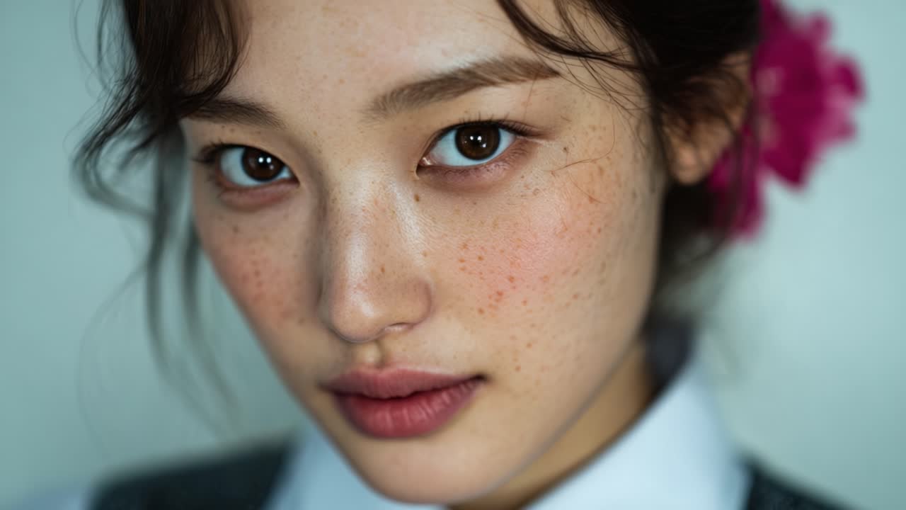 A Close-Up Portrait Capturing the Beauty and Expression of a Young Woman with Distinct Freckles and a Flower Accent in Her Hair