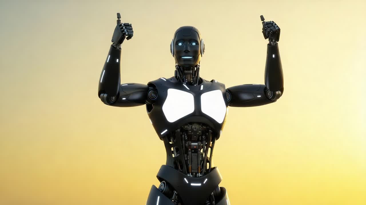 A Futuristic Robot Engaging in Positive Affirmation with Thumbs Up Gesture Against a Vibrant Sunset Background, Showcasing Human-like Emotion and Advanced Technology