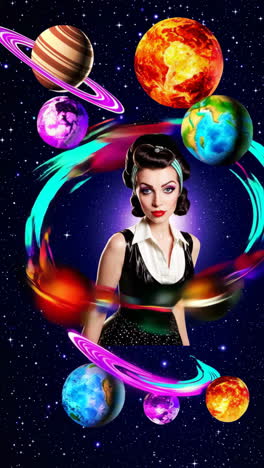 retro woman in a cosmic planetary orbit